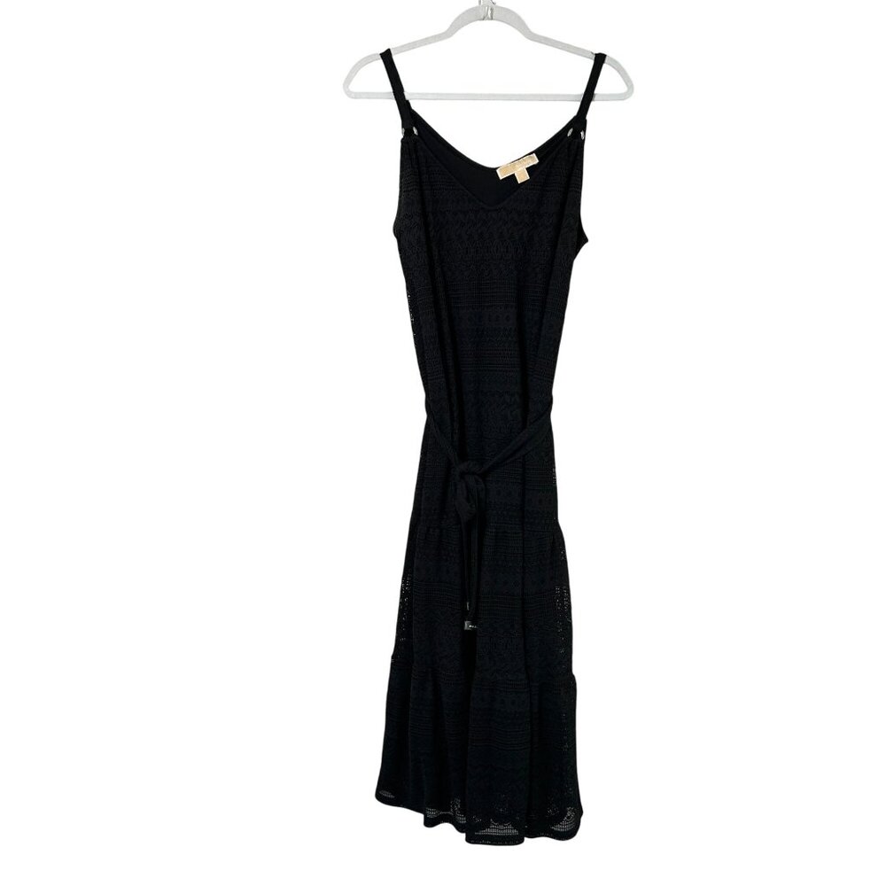 Michael Kors Lace Midi Dress Size L Black Sleeveless Lined Boho Western Belted